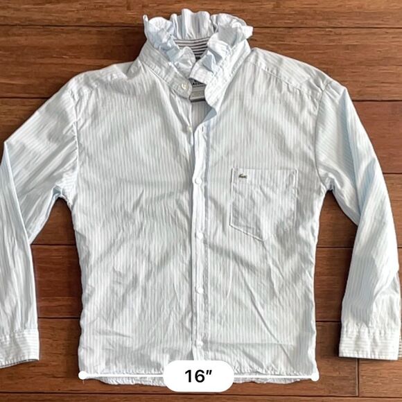 Lacoste UpCycled Handmade Blue Striped Ruffle Collar Button Down Shirt Size XS - Picture 10 of 16